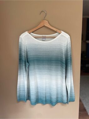 Chicos Womens Knit Beachy Coastal Sweater Top Size Large Ombre Blue Teal Knit
